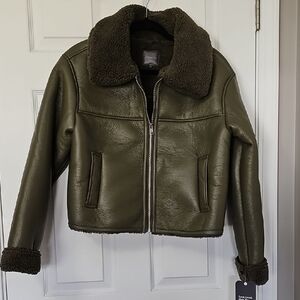 Ultra Flirt Olive Green Faux Shearling Bomber Jacket